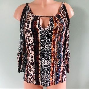 A. Byer Cold Shoulder Ruffle Sleeve Keyhole Top SM